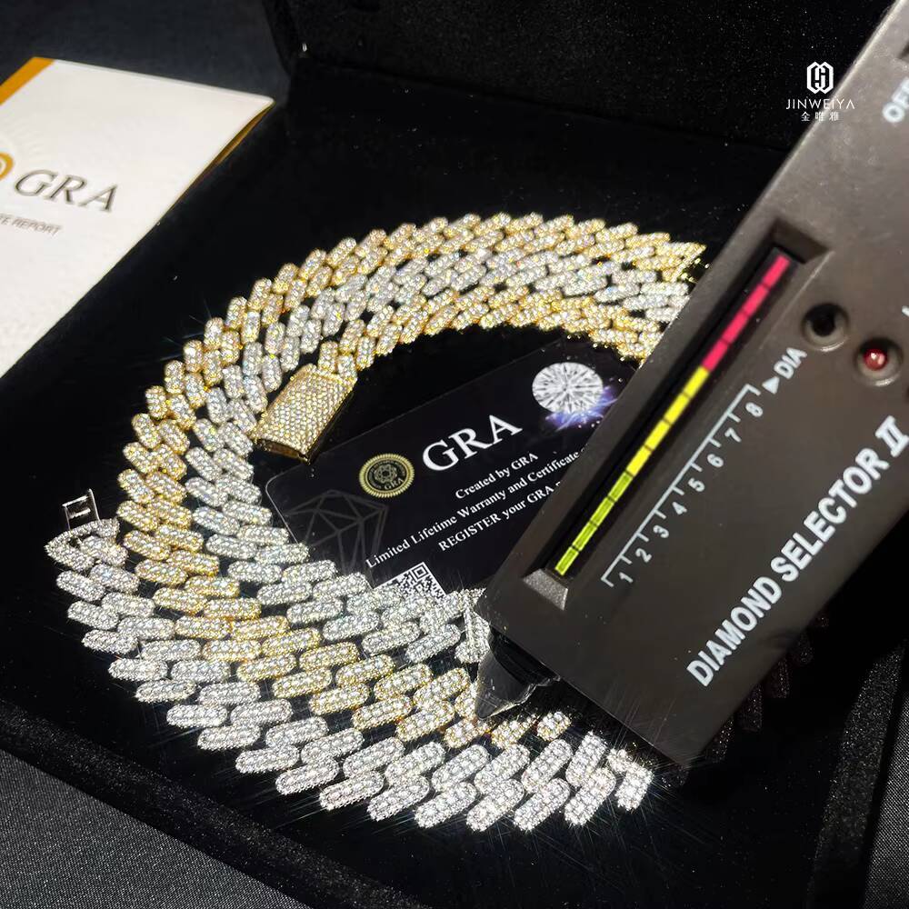 JWY Mens 925 Silver 14mm Full VVS Moissanite Cuban Chain Necklace Gold-Plated Hip-hop Punk Style Unique Design for Style-