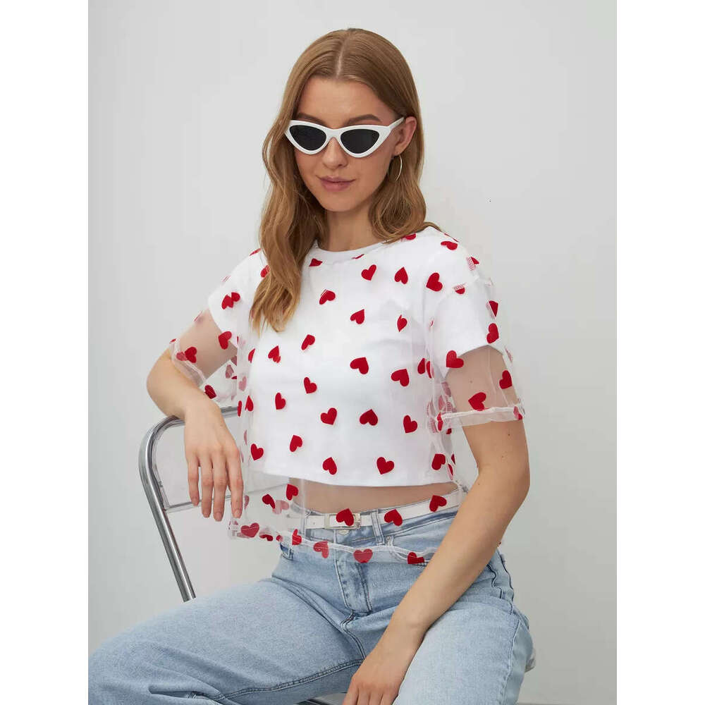 Summer New Heart Mesh Patchwork Color-Block T-Shirt For Women Fake Two-Piece Style Y2k Cotton Short Top B5