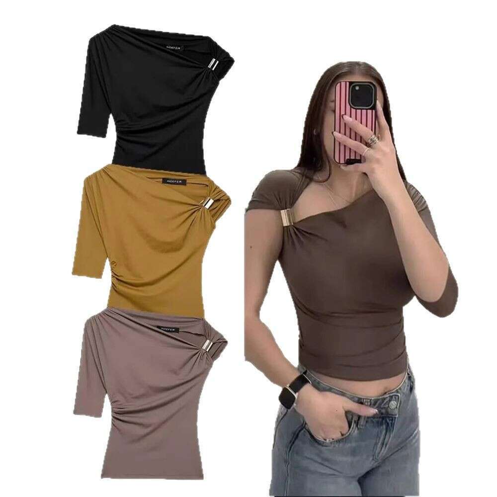 TRAFZA Metal Embellished Asymmetric Pullover Top Summer Ruched Single Sleeve Stretch Slim Fit Women's Casual T-Shirt B5