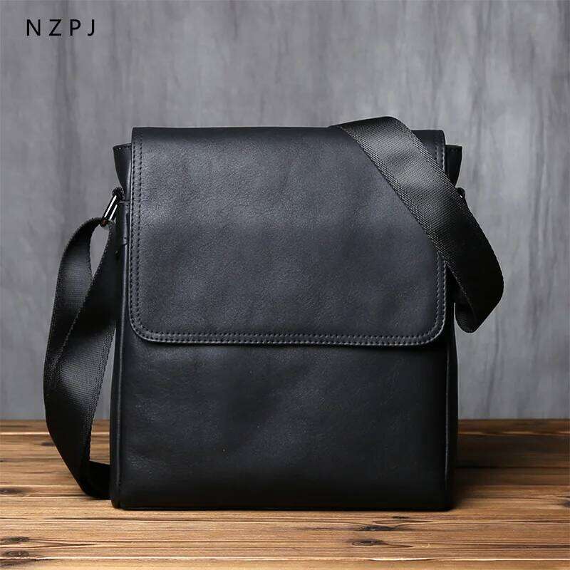 Nzpj-Leather Shoulder Bag For Men, Natural Cowhide, Vertical Crossbody Bag, Casual, Large Capacity, Flip, Zipper, 10 ", Ipad MDNG