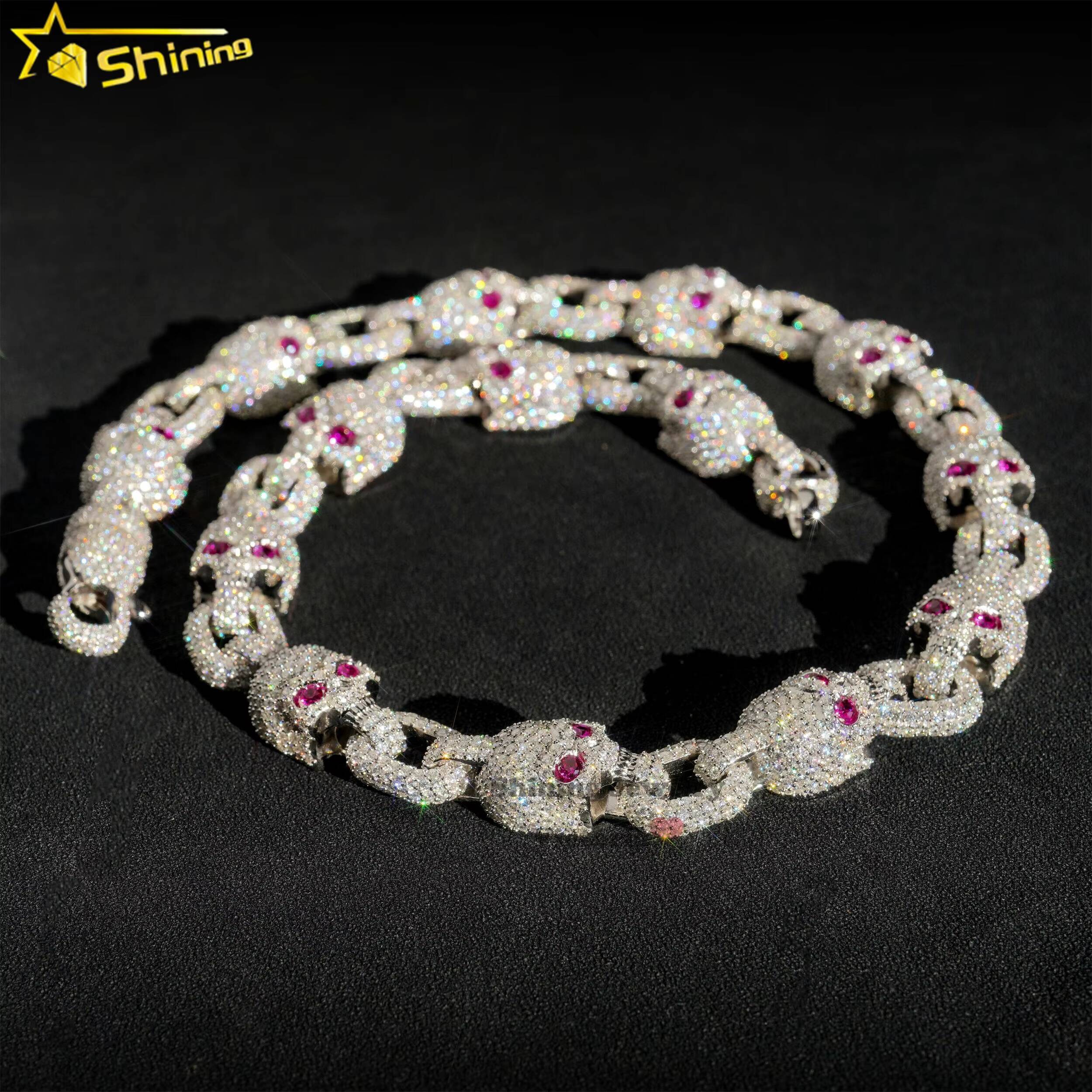 Customized New Design Skull Necklace Pass Diamond Tester 925 Sterling Silver 15MM VVS Moissanite Cuban Link Chain