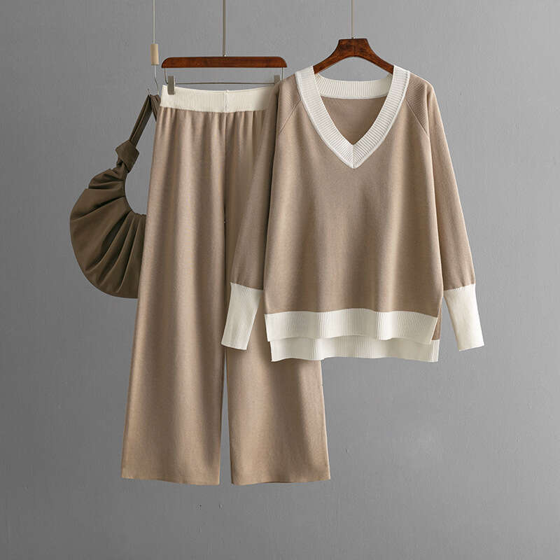 Fashion Casual for Women 2024 Autumn Winter New V-neck Color-block Knit Sweater Loose Wide-leg Pants Two-piece Set