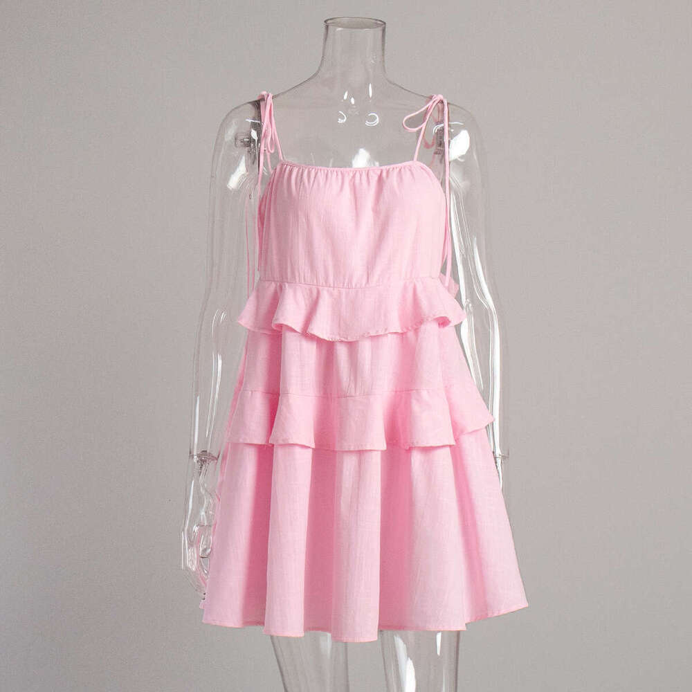Summer Layered Ruffle Cake Short Backless Strap Dress B5