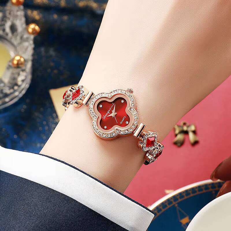 31mm Floral Dial Quartz Watch - Clover Charm Bracelet Watch for Women | Gold Plated Fashion Watch with Gemstone Accents (7 Colors)