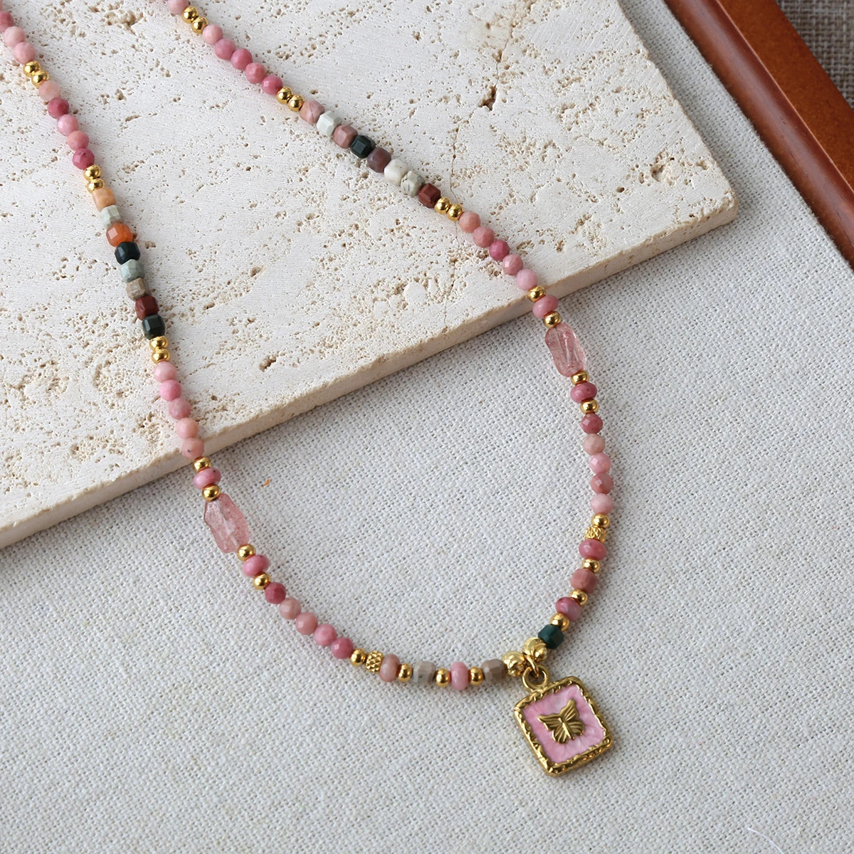 Good Quality Summer necklace natural stone steel accessory powder butterfly pendant for go to Beach 250712