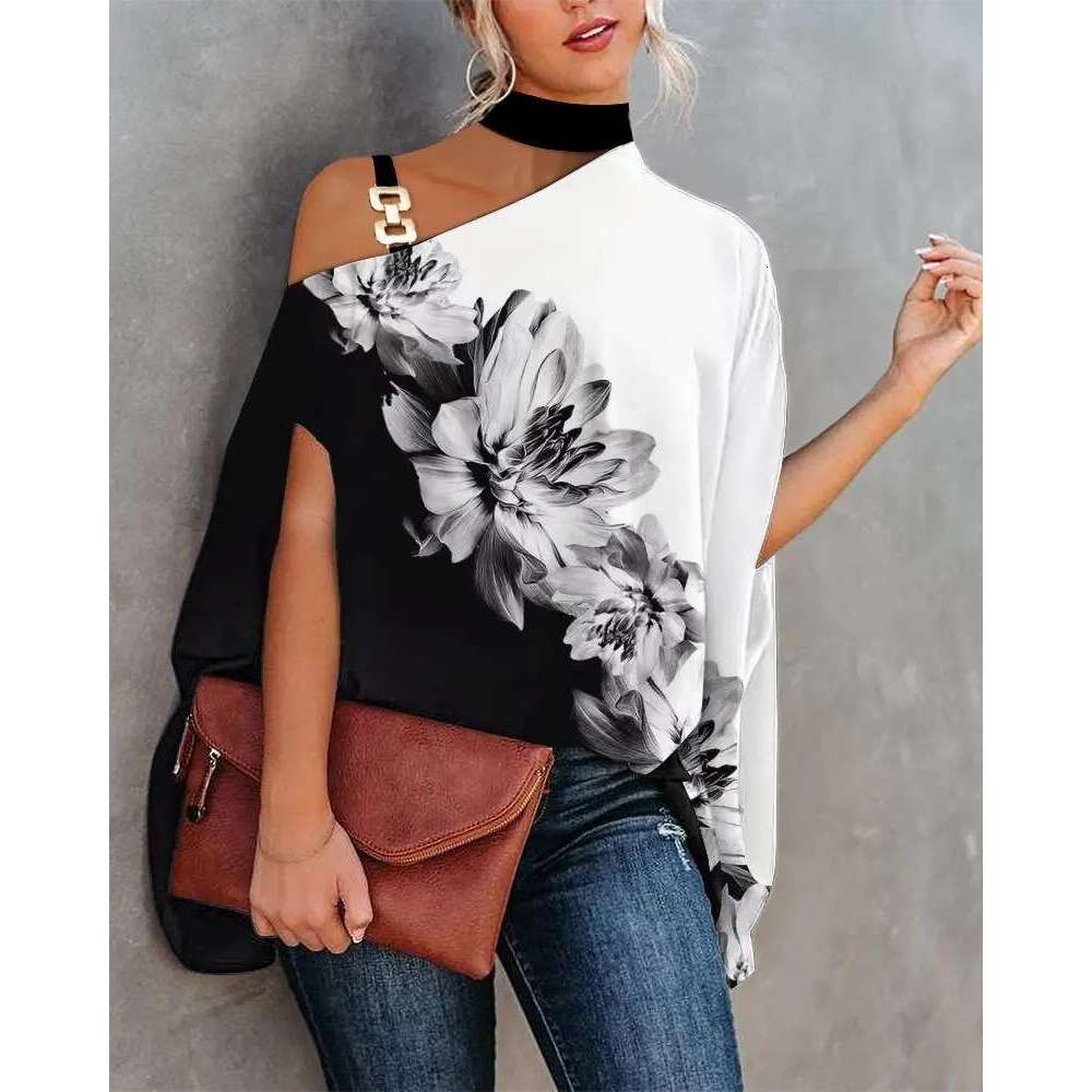 Summer Loose Women's Halter Neck Printed Elegant Short Sleeve Batwing Blouse B5