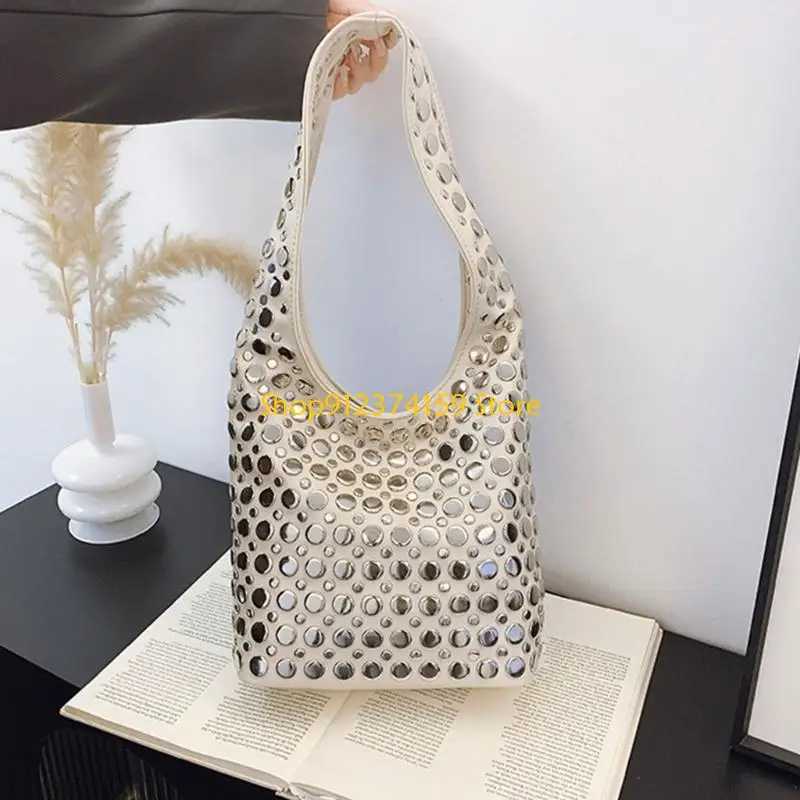 G5AE Elegant Dot Studded Bucket Bag PU LShoulder Bags Armpit Purse For TrendyWomen