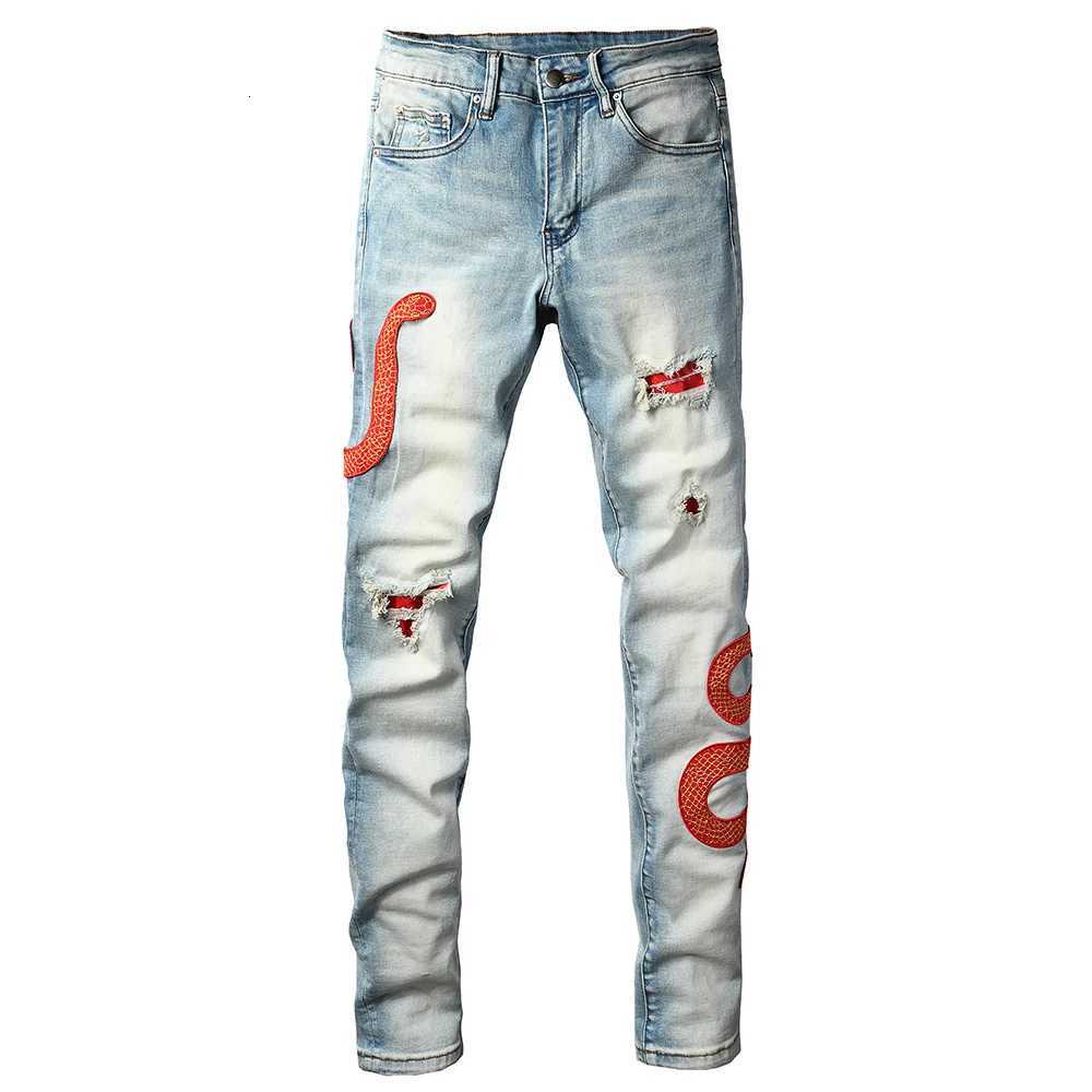 Mens Snake Embroidery Skinny Jeans Streetwear Red Leather Patch Pants Holes Ripped Distressed Denim Tapered Trousers X250718