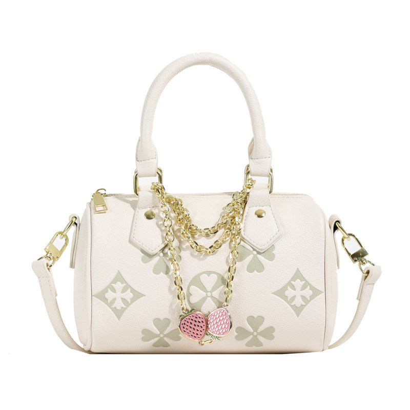 2025 new Embossed Mahjong - style Bag with Four - leaf Strawberry Diamond Pendant and Chain Women's Single - shoulder Bag Simple Commuting Cross 