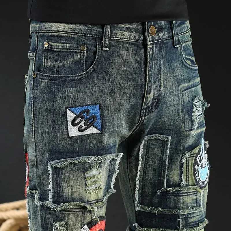 Male Cowboy Pants with Holes Trousers Torn Broken Punk Tapered Ripped Mens Jeans Washed Casual 2024 Trend Korean Autumn Goth Xs X250718