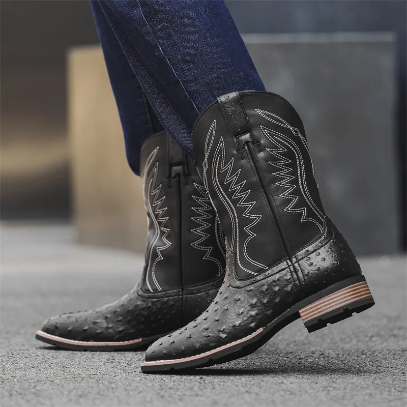 Mens Classic Retro Western Cowboy Boots Embossed Leather Mens Fashion Embroidery Mid-Calf Boot High top Casual Shoes for Men 250715
