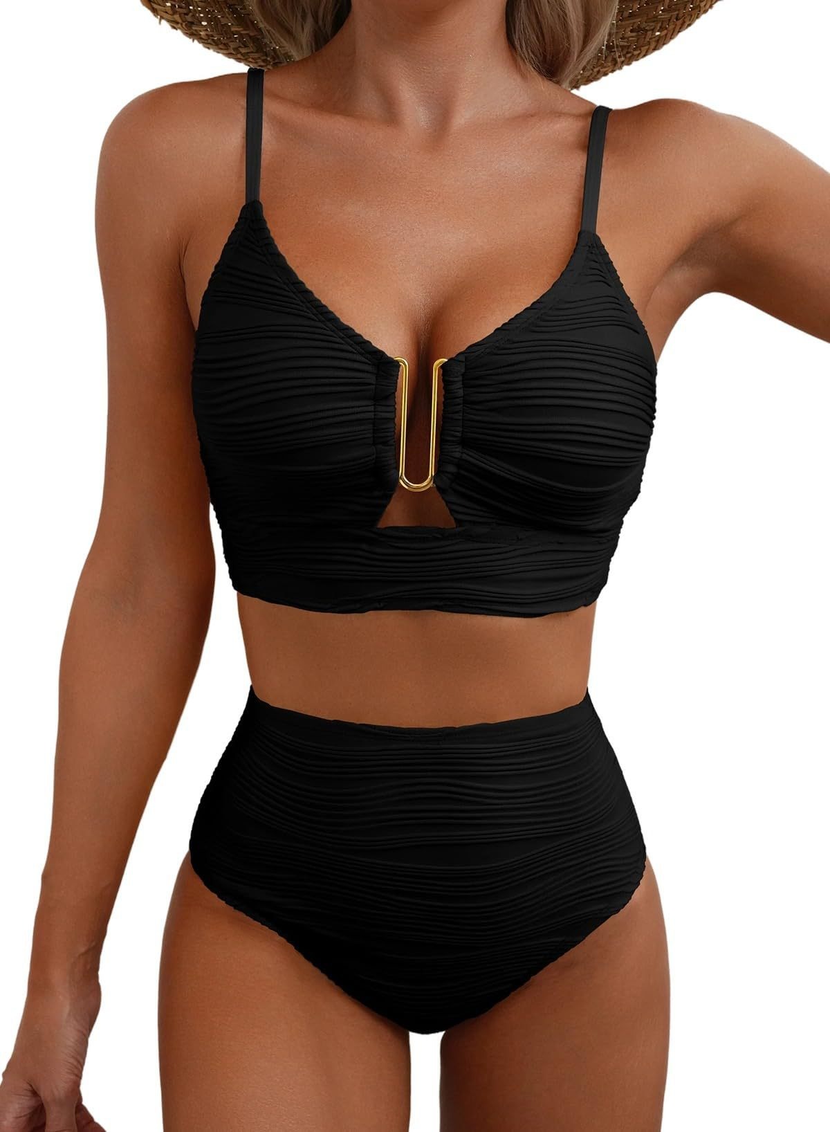 Women's High-Waist Pleat Bikini with Cut-Out Detail - Textured Fabric Swimwear