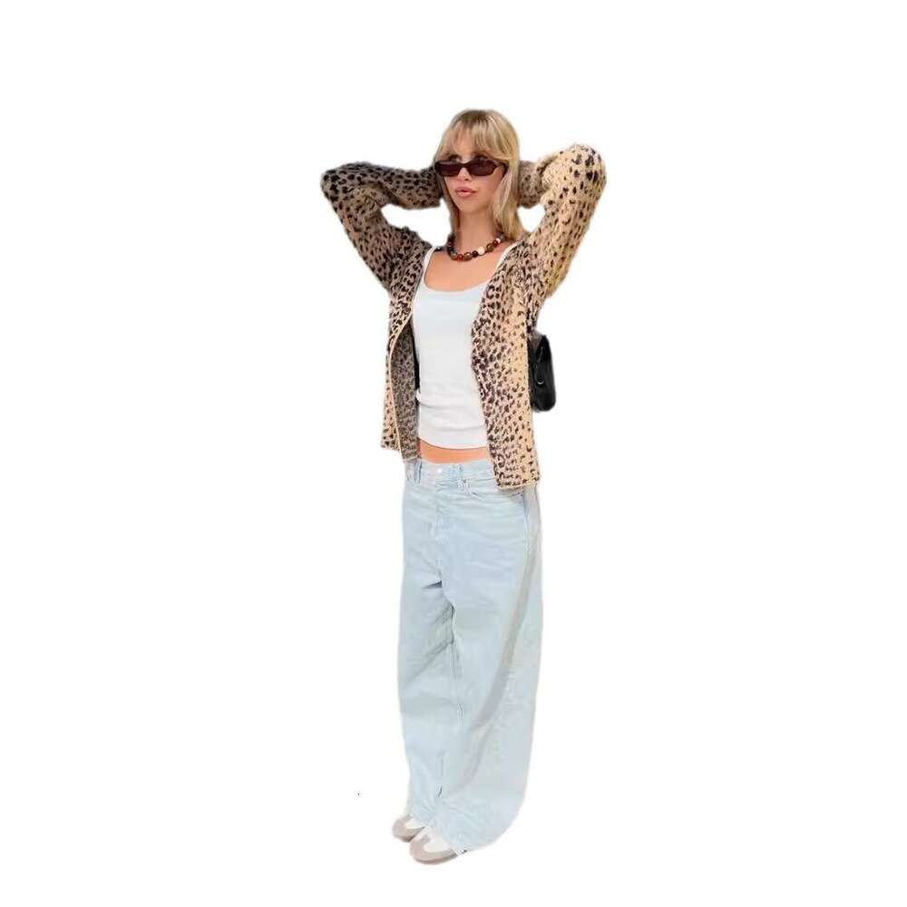 American V-Neck Casual Charm Leopard Print Soft Mohair Knitted Cardigan Hot Girl Autumn Winter Sweater Coat For Women B5