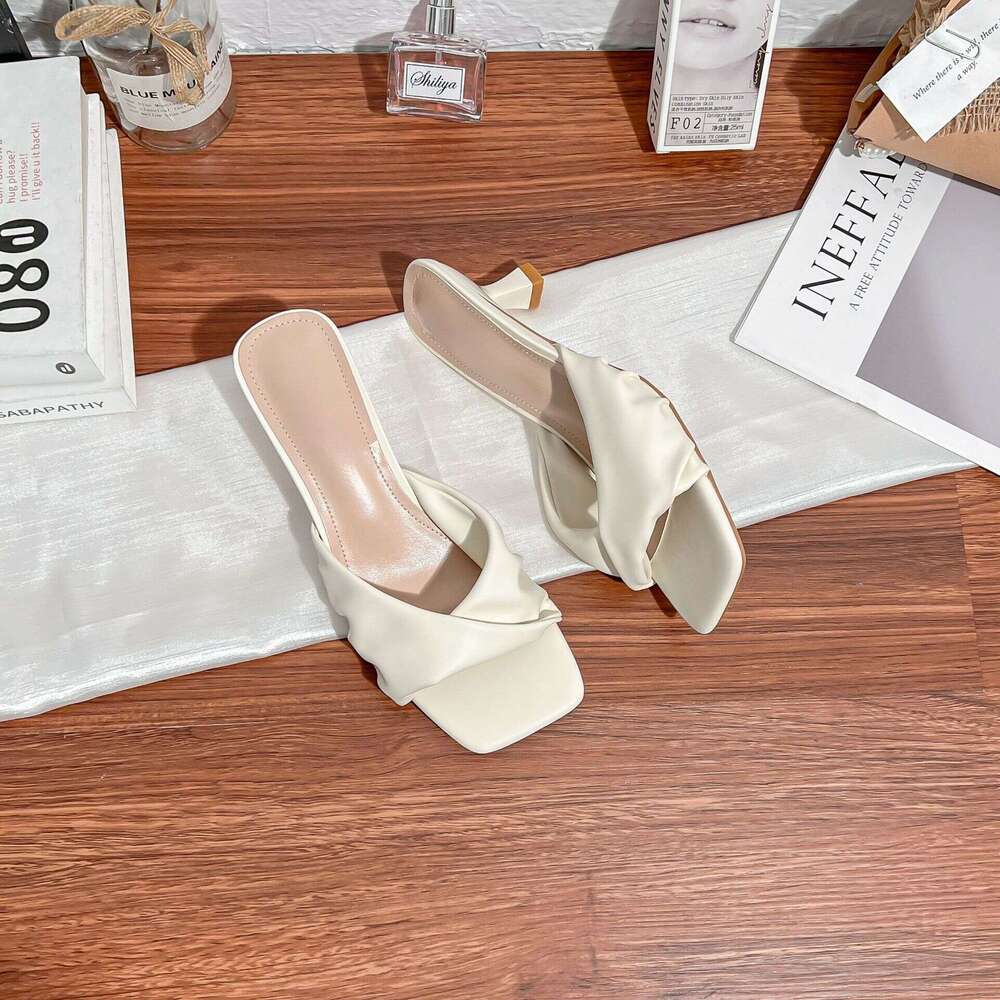 Designer Luxury High Heel Sandals Super Model Proportion 7cm French Square Toe Ruched Strap Mules Half Slippers for Women
