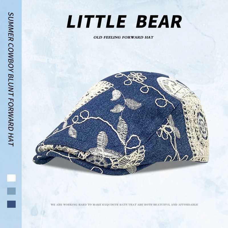 Korean Retro Lace Flower Embroidery Denim Berets Cap Summer Autumn Thin Breathable Versatile Literary Painter Hats for Women L250718