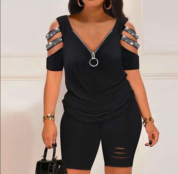 Women's Fashion Casual Printed V-Neck Zipper Short Sleeve Top And Shorts Two-Piece Set B5