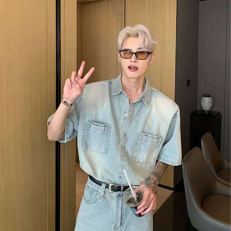 American Niche Old Washed Shoulder Pad Shirt Men's Korean Style Lapel Short-sleeved Denim Suit Straight Pants Single Piece/suit