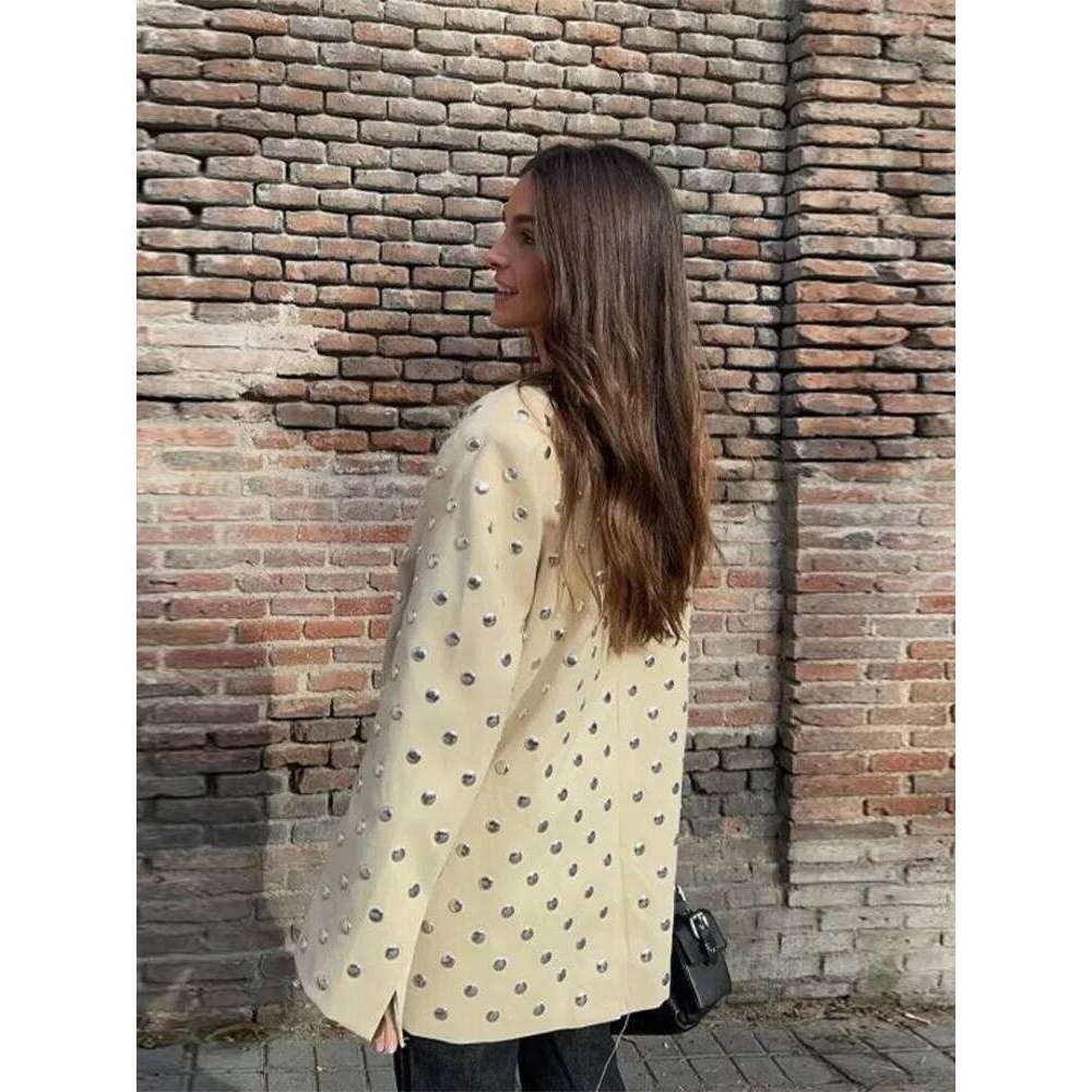 Retro Deep V-neck Studded Suit Jacket Women Casual Loose Rivets Pockets Open Jackets Female Spring Chic Street Outwear
