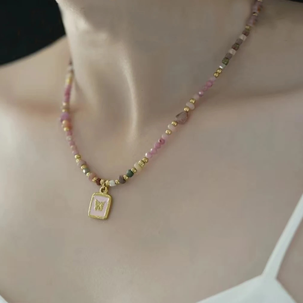 Good Quality Summer necklace natural stone steel accessory powder butterfly pendant for go to Beach 250712