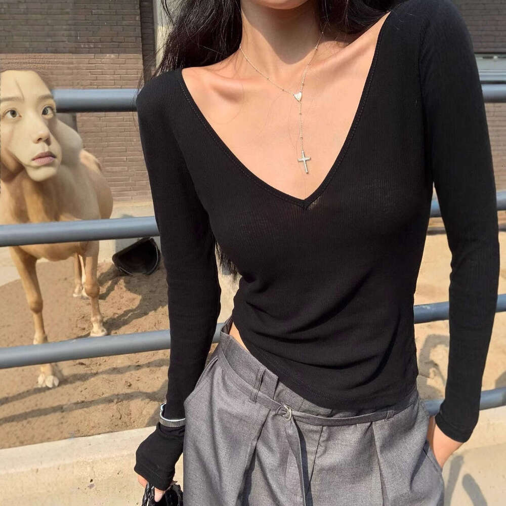 American Style Spicy Girl V-Neck Black Long Sleeve T-Shirt For Women, Autumn Basic Style, Slimming Base Shirt Top B5