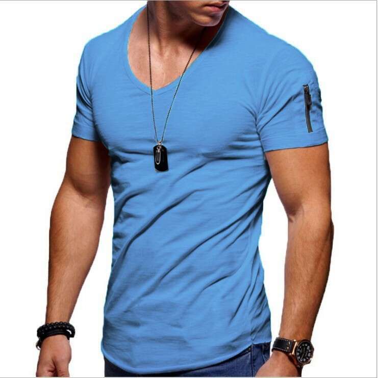 Summer V-Neck Solid Color Plus Size Casual Short Sleeve Men's Zipper Arm Round Neck T-Shirt B5