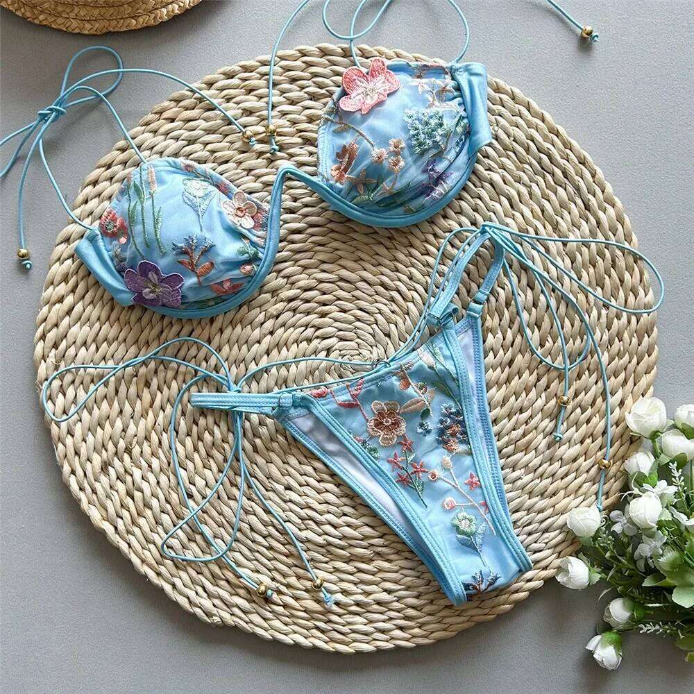 Red Flower Embroidery Swimwear String Bikini Micro Mini Thong Sexy Swimsuit Women 2025 Bathing Biquinis Brazilian Bikinis Sets