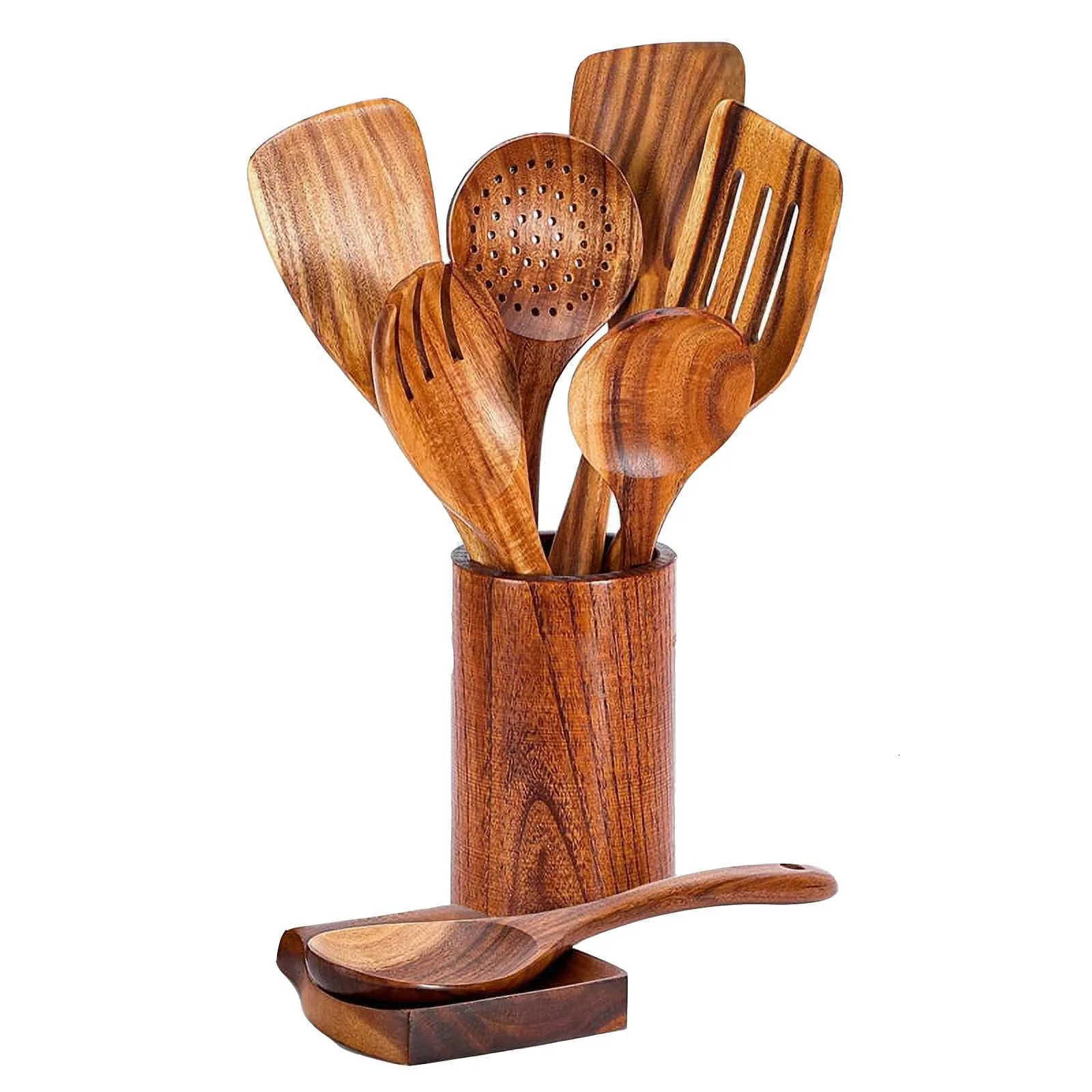 9pcs Natural Wood Kitchenware Set Skimmer Spoons Salad Scoop Kitchen Utensils Non-Stick Rice Colander Soup Cooking Tools M250718