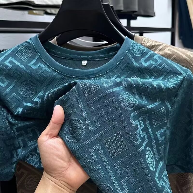 Men's T Shirts High quality Fashion Printed Short Sleeve T-shirt Men Summer Ice Silk Plaid Round Neck Casual Breathable Top