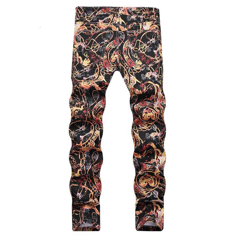 Men Flower Chain Digital Print Pants Fashion Slim Tapered Stretch Denim Jeans Streetwear Black Trousers X250718