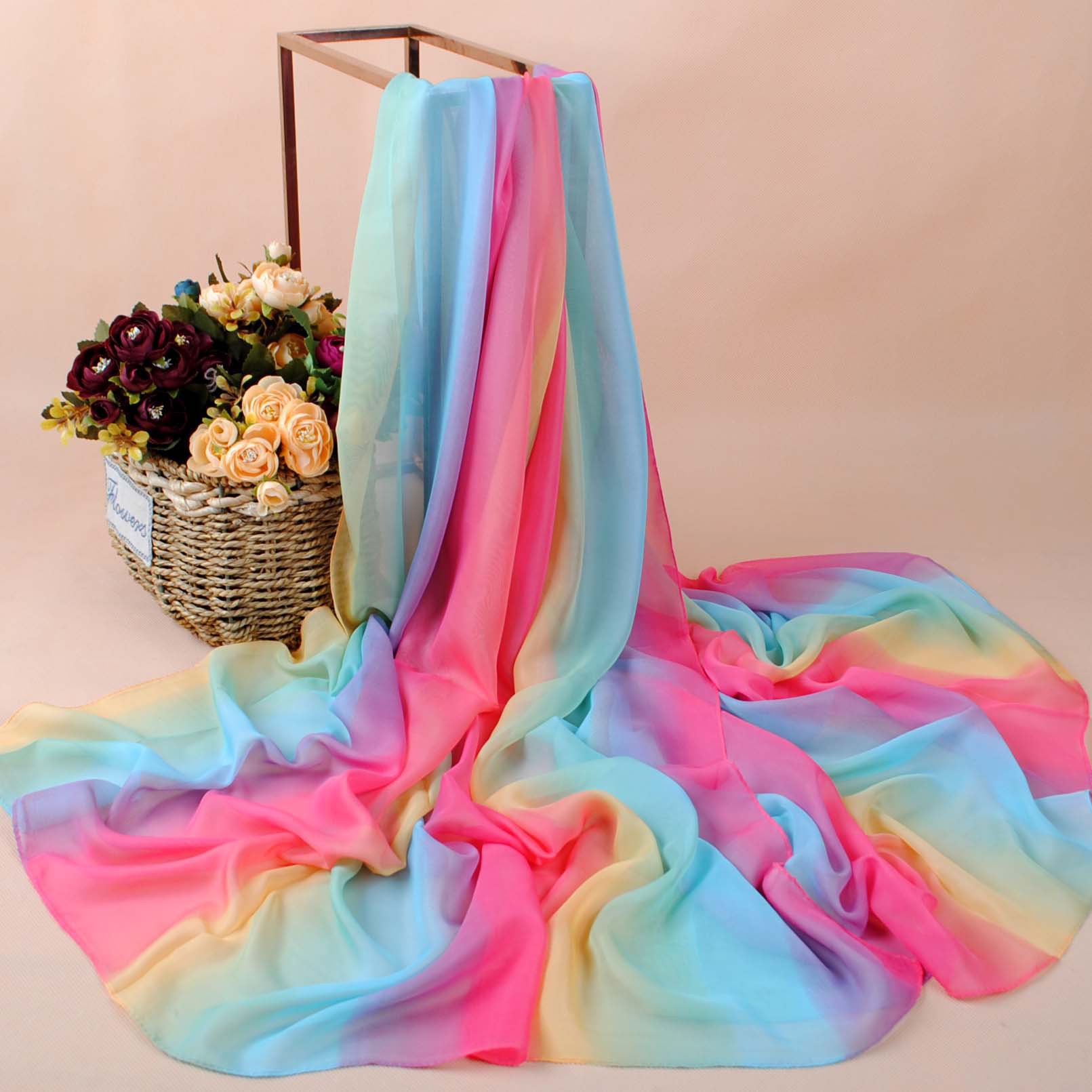 K1390 Fashion classic rainbow ladies large size chiffon scarf wholesale Yiwu scarf factory direct sales
