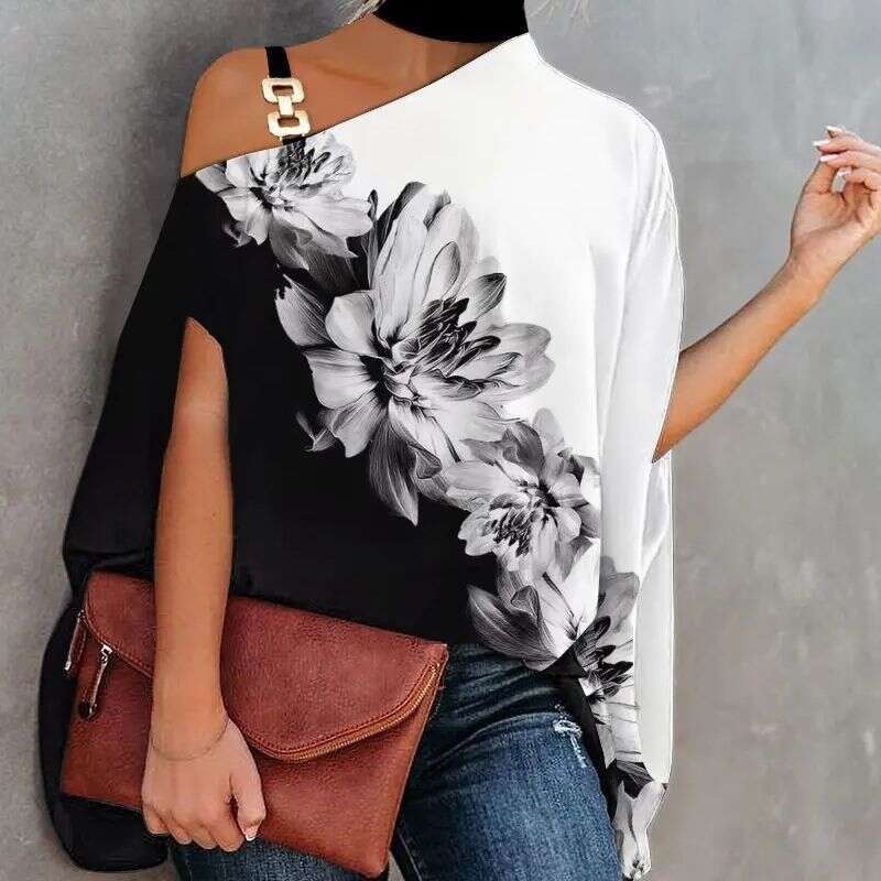 Summer Loose Women's Halter Neck Printed Elegant Short Sleeve Batwing Blouse B5