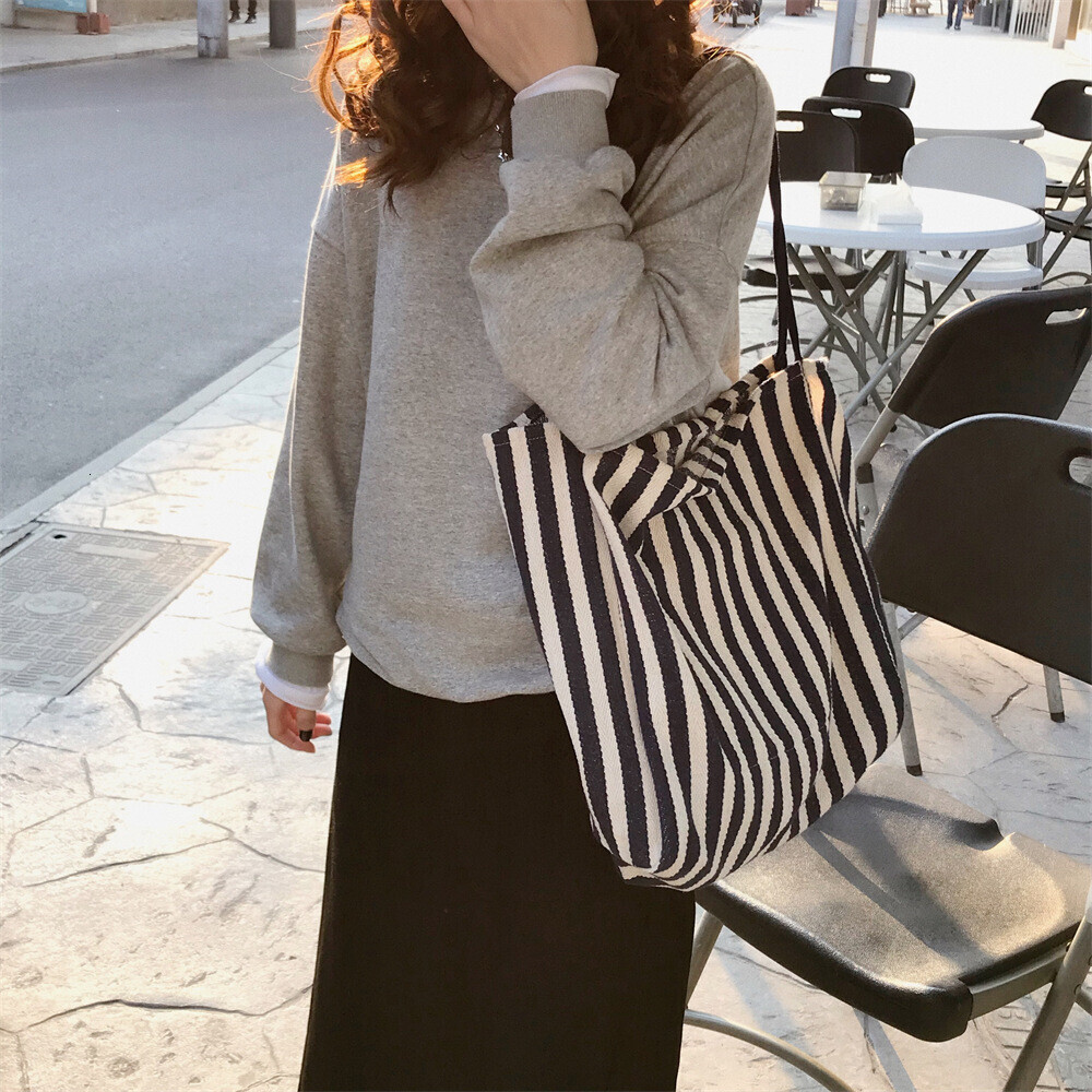 T01 Large Capacity Korean-style Classic Vintage Striped Shoulder Bag Chic and Simple Canvas Bag Trendy Street Style Bag