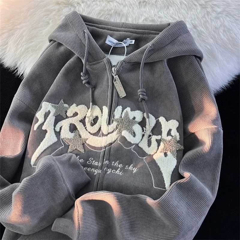 American Vintage Goth Corduroy Zip Up Hoodies For Men Hip Hop Fashion Foam Print Jacket Womens Y2K Streetwear Sweatshirts XJ250714