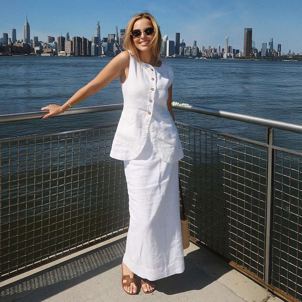 Minimalist Sleeveless Vest And High-Waisted Skirt Set Spring/Summer New Linen Casual Outfit For Women B5