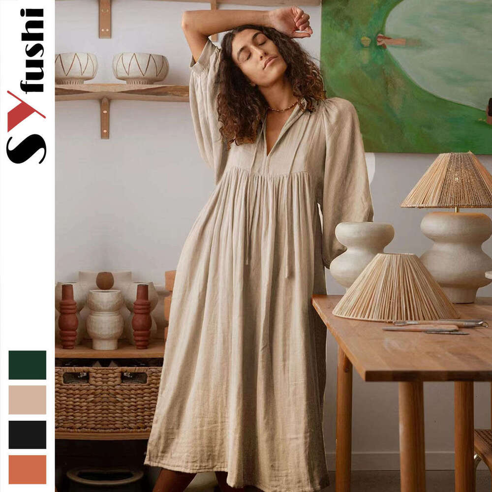 Autumn New Large Size Loose Lantern Sleeve Casual Solid Color Long Dress B5
