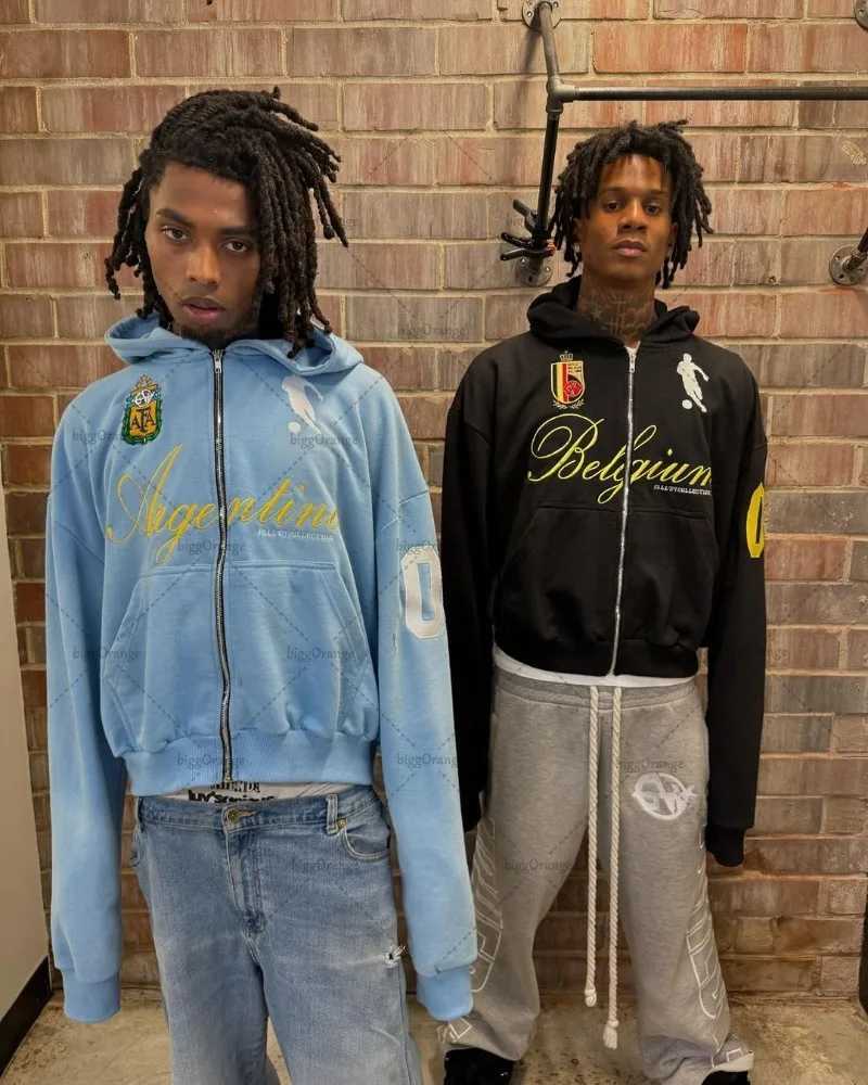 High Street Trendy Brand Clothing Jacket American Retro Digital Print Oversized Sweatshirt Men Hip Hop Punk Casual Zipper Hoodie X2507181