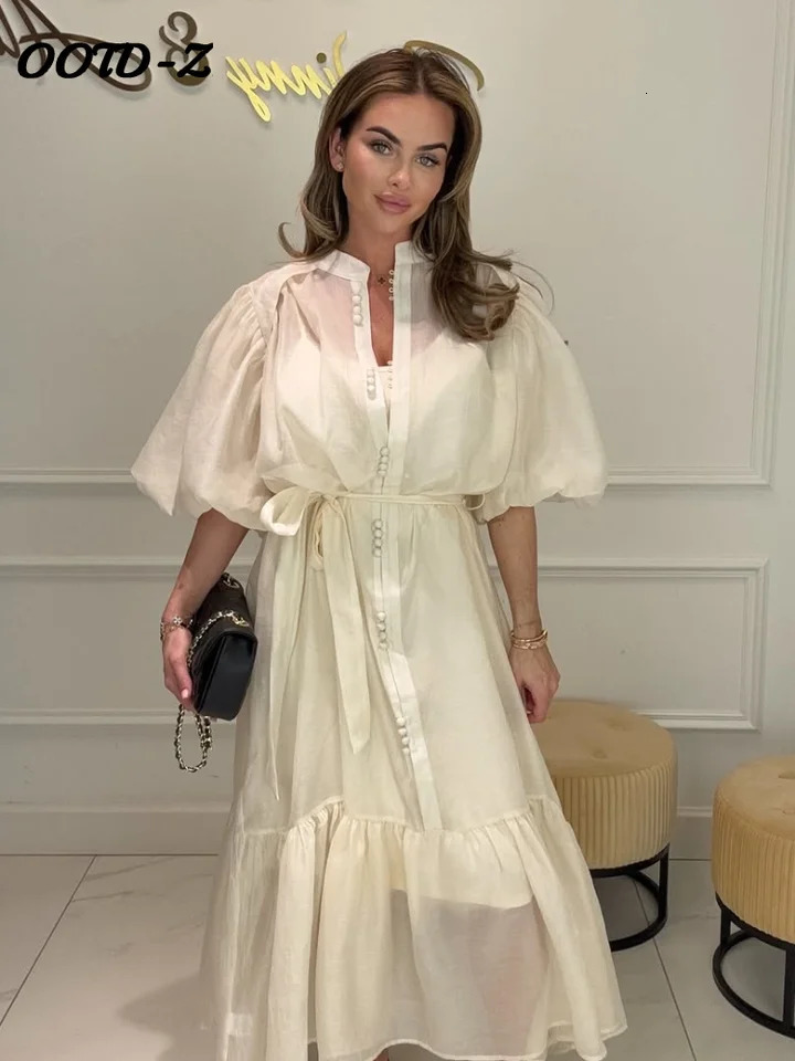 Elegant Lace Up Solid Women Dresses Party Ruffles Puff Sleeve Single Breasted Female Dress 2025 Summer Lady Maxi Vestidos 250715