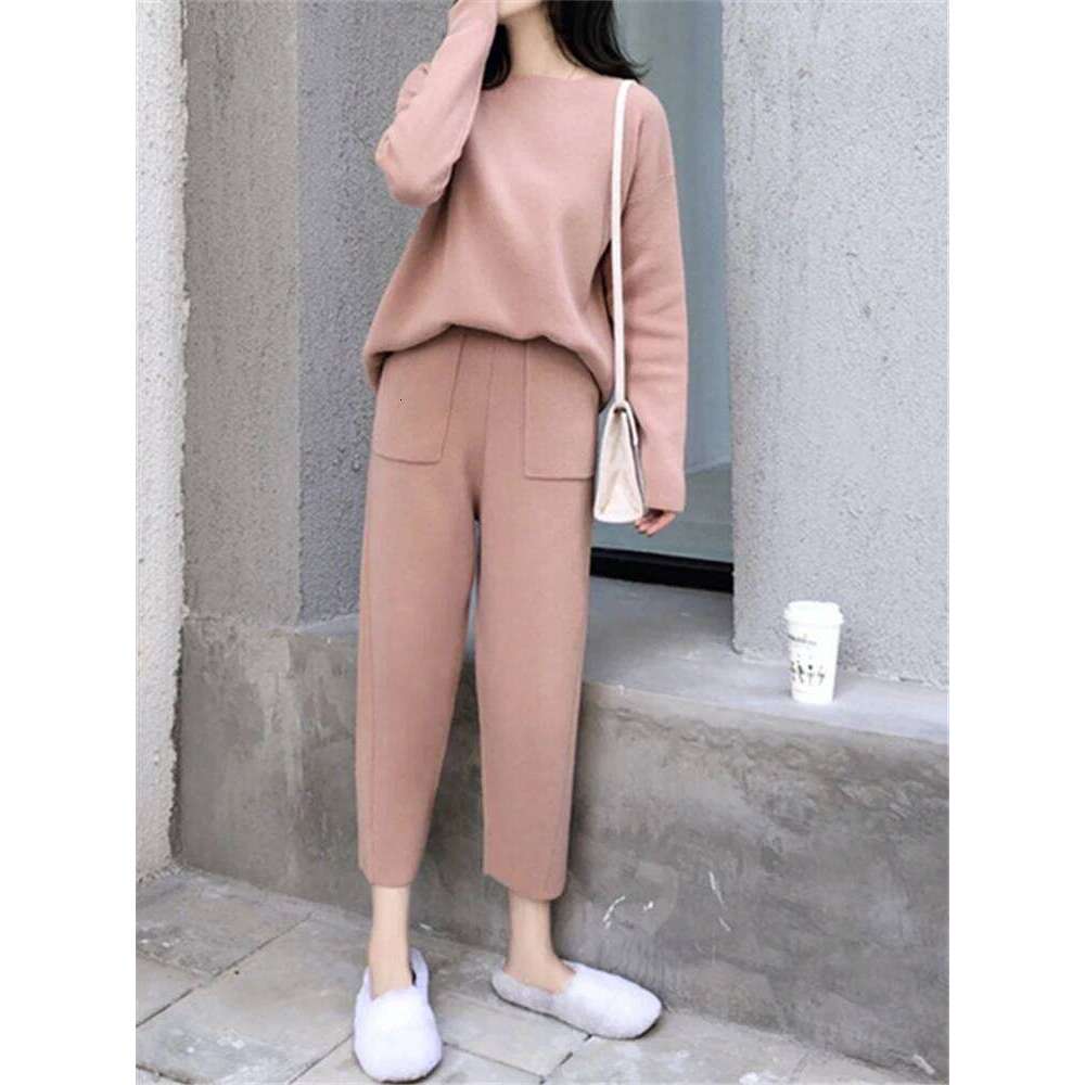 2 Pieces Women's Sets Warm Knitted Tracksuit Autumn Winter O-Neck Sweater And Casual Harme Pants Pullover Suits MDNG