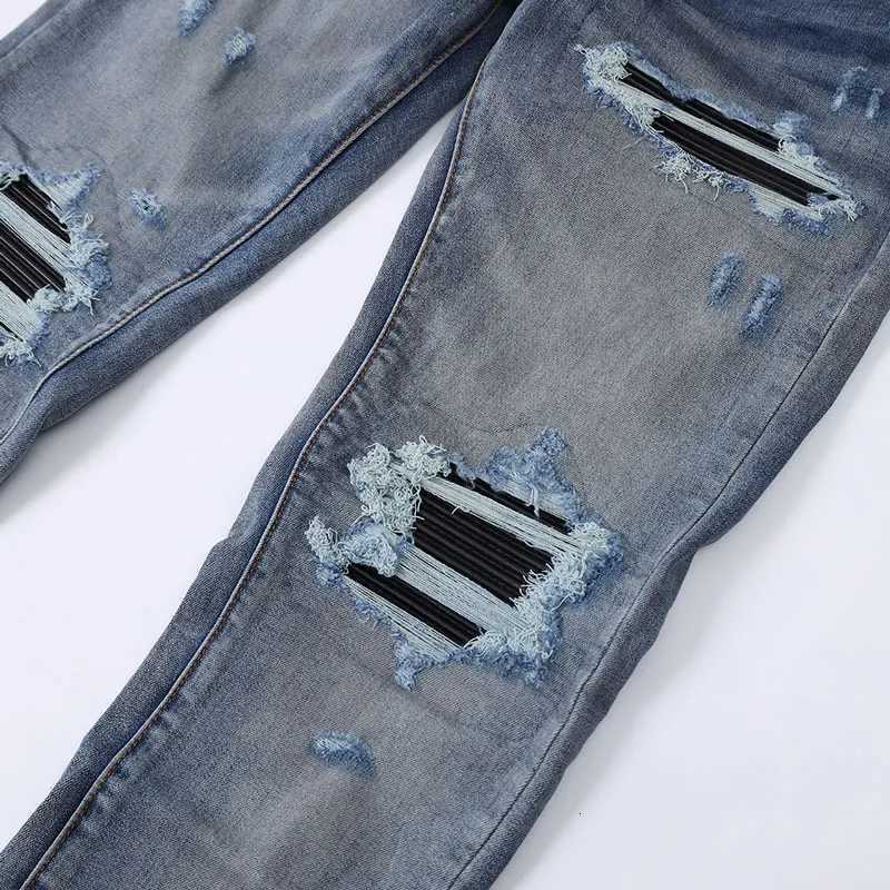 Designer Fashion Washed Nostalgic Elastic Slimming RETRO Washed Blue Hole Patch Jeans High Street Hip Hop Brand X250718