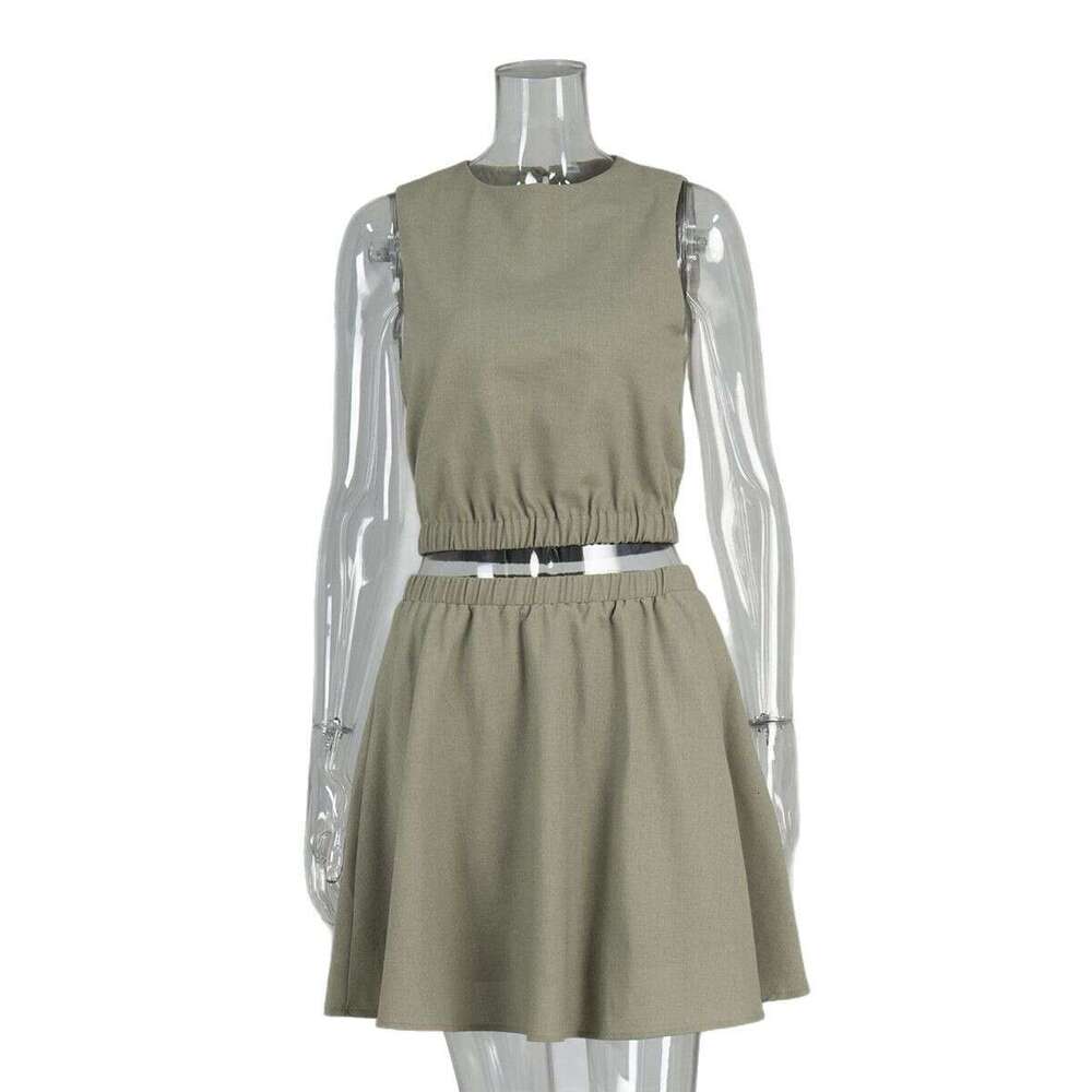 Round Neck Vest Pleated Spring Summer New Cotton Linen Comfortable Short Skirt Casual Set For Women B5