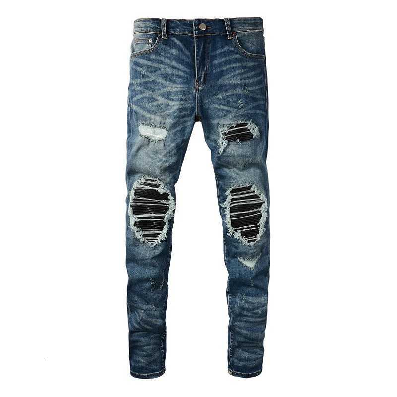 Men Leather Patch Biker Jeans Skinny Tapered Stretch Denim Blue Pants Streetwear Patchwork with Holes and Ripped Trousers X250718