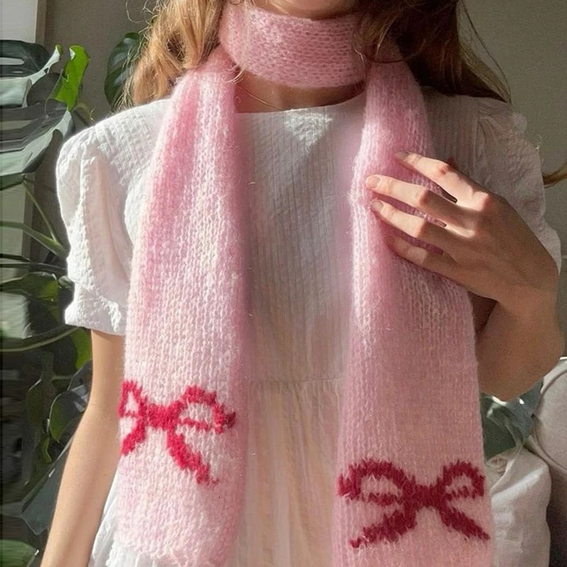Japanese Kawaii Knitted Scarf Bowknot Pattern Soft Warm Scarf Y2k Fairy Aesthetic Clothing Accessories Winter Neck Warmer Scarf 250717