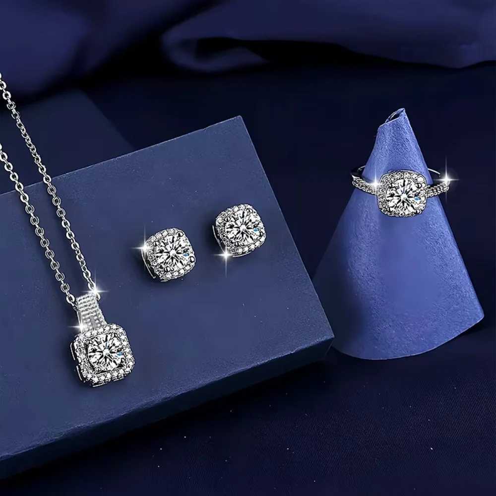 3pcs Set Luxury Brand Shiny Geometric Square Zircon Necklace Earring Rings for Women Charm Fashion Jewelry Set Anniversary Gift X250718