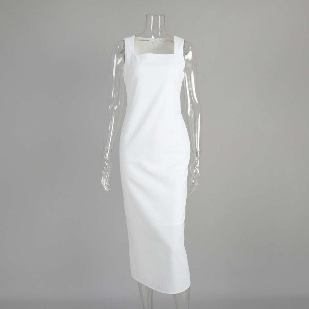 Minimalist Solid Color Square Neck Strap Summer New Slim Fit Cotton Linen Long Dress B5