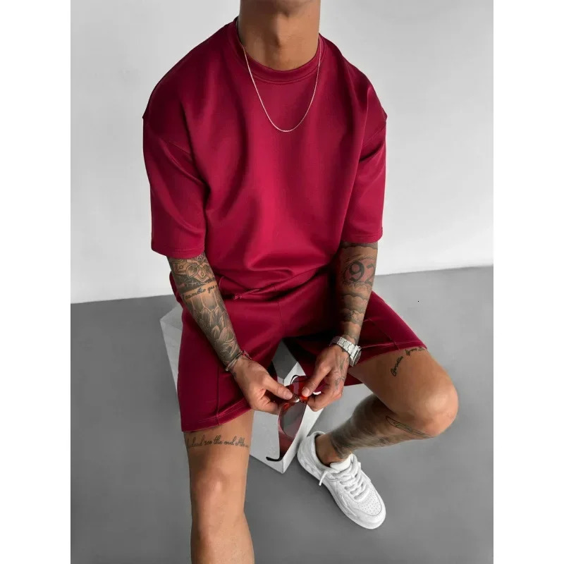 2025 Summer Fashion Mens Breathable Solid Color 2 Piece Sets Short Sleeve O-neck T-shirts Knee Length Loose Shorts Male 250715