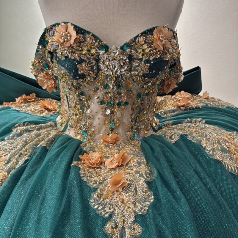 Blackish Green Shiny Quinceanera Dresses Ball Gown Off The Shoulder Applique Flower Beads Bow Tull Corset Party Birthday Sweet 16 Dress Vestidos 15 An