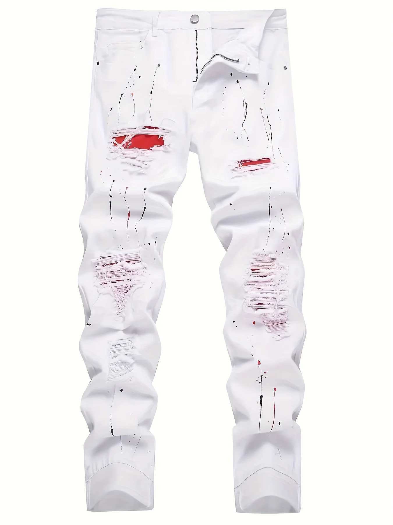 Mens jeans blue patch tear elastic regular black jeans pants X2507181