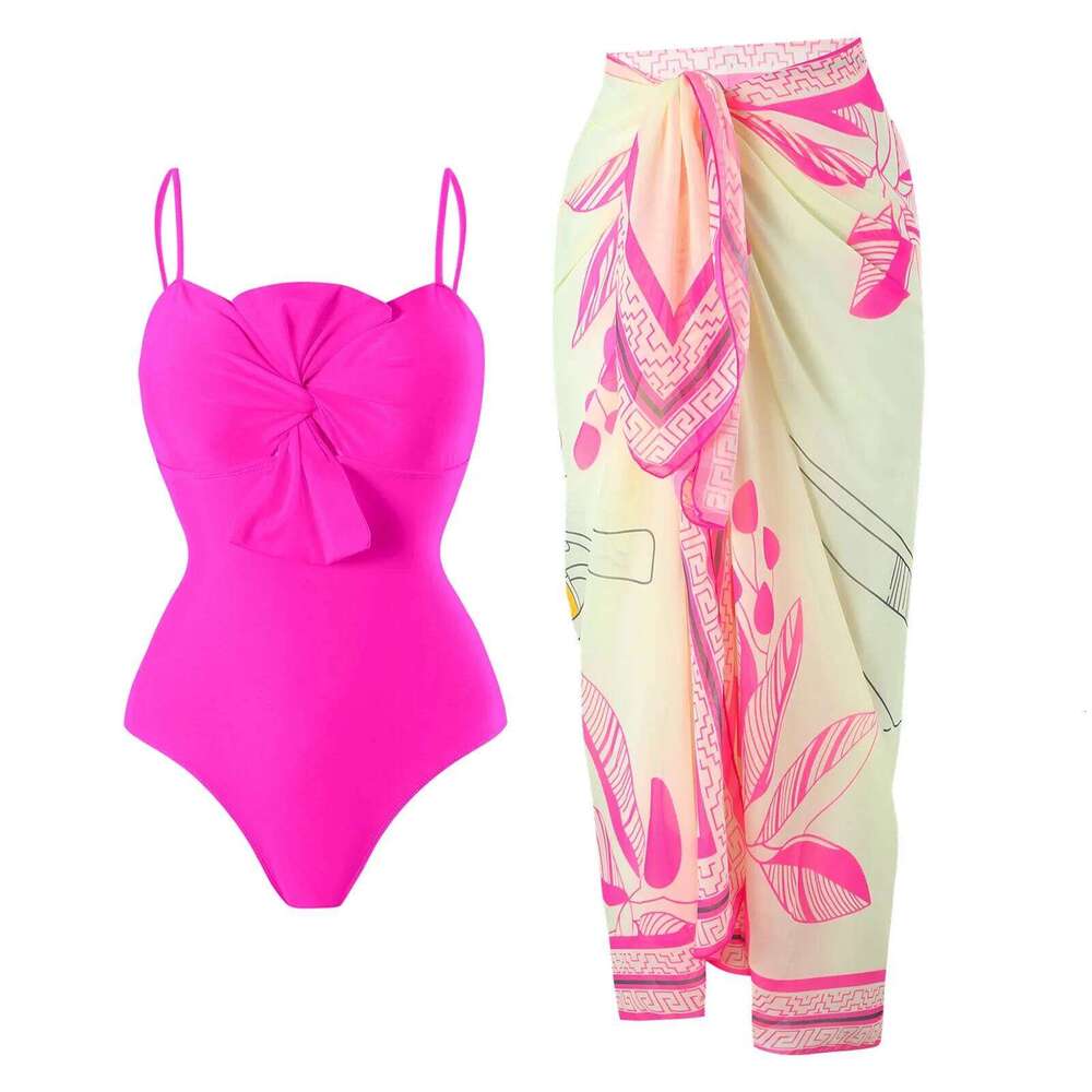 Women's Sexy Slim Fit One Swimsuit with Chiffon Skirt Two Piece Set Pure Color Bikini Ensemble from Mainland China