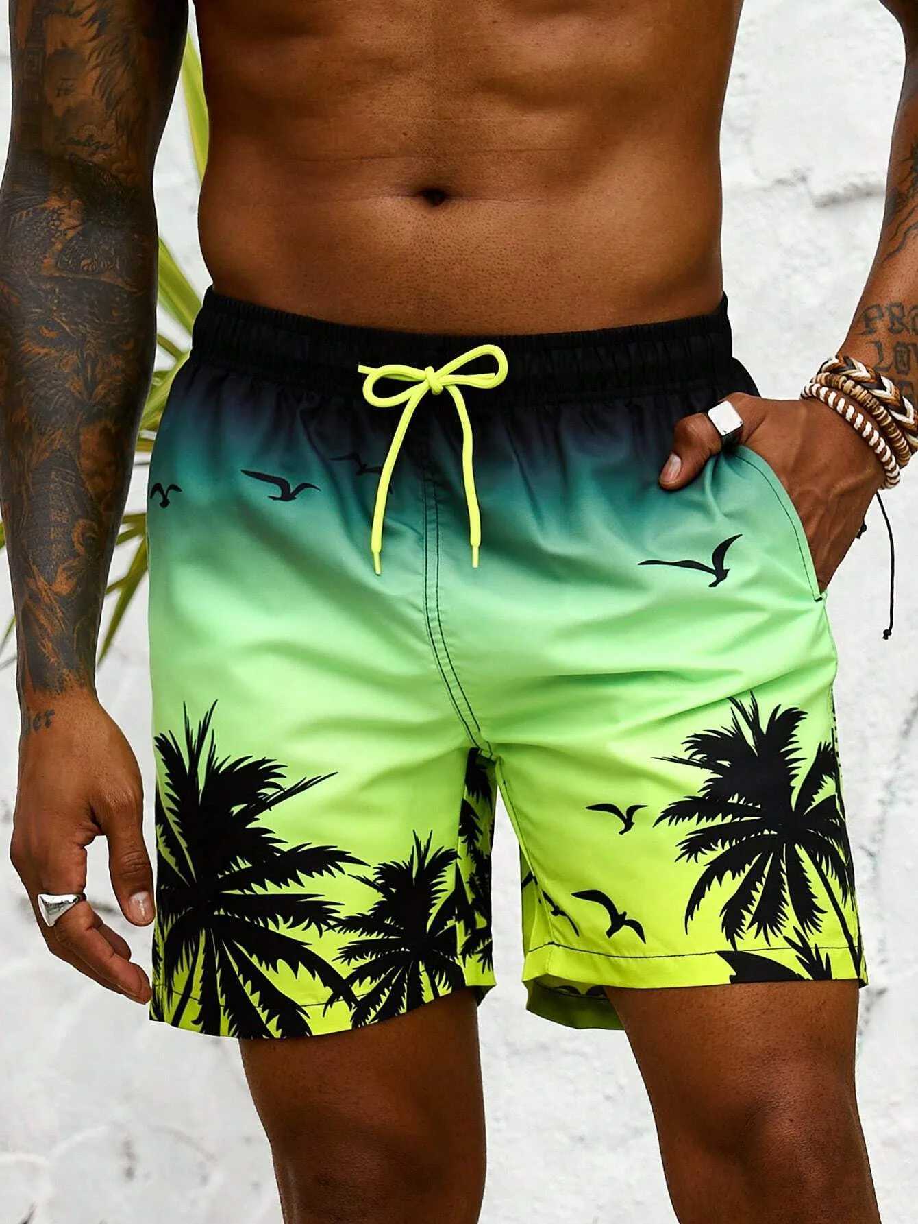 Vacation Mens Palm Tree Print Drawstring Waist Board Shorts Summer Fashion Swim Trunks 3D Print Breathable Short Streetwear W250718