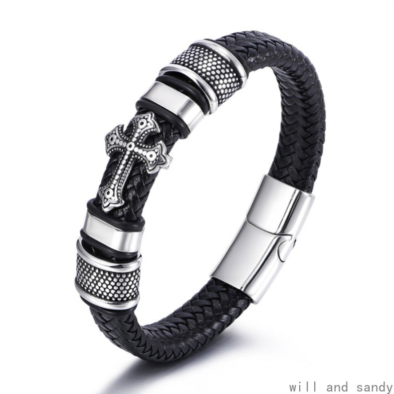 Non Tarnish Stainless Steel Buckle Bangle Cuff Jesus Cross Leaf Charm Leather Stacking Bracelet Designer Jewelry for Men Fine Jewelry Father Birthday Gift